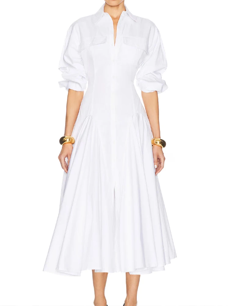 

2025 Spring/Summer New French Elegant Style White Shirt High Waist Polo Collar Long Sleeve Banquet Skirt