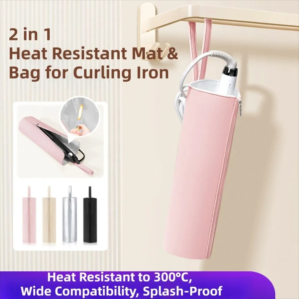 

PU Heat Resistant Mat & Bag Portable Hanging Hair Curling Iron Holder Water-repellent Dustproof Hair Styling Tools Pouch