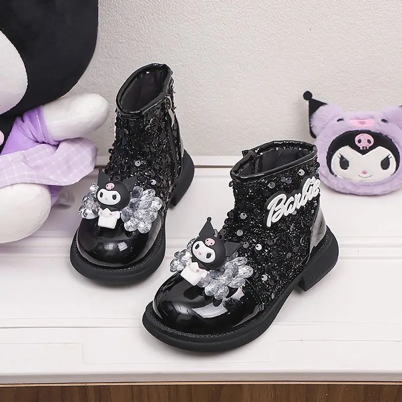 Kuromi meninas martin botas sanrio kawaii crianças botas de couro de fundo macio outono inverno anime dos desenhos animados infantil bonito festa botas curtas