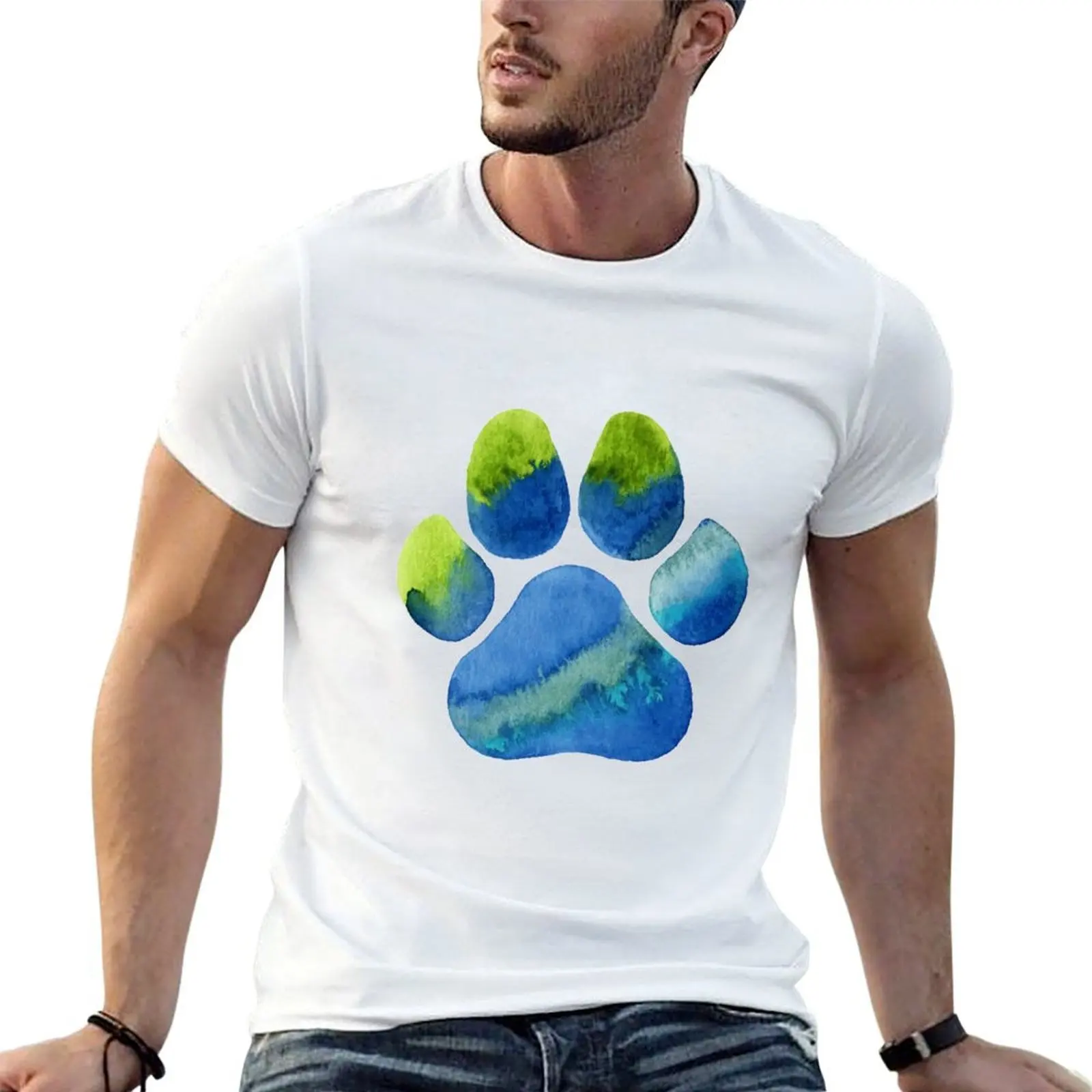 

Blue Green Paw Print T-Shirt t shirts for man cotton soft man t shirt graphic funny t shirts man T-shirt