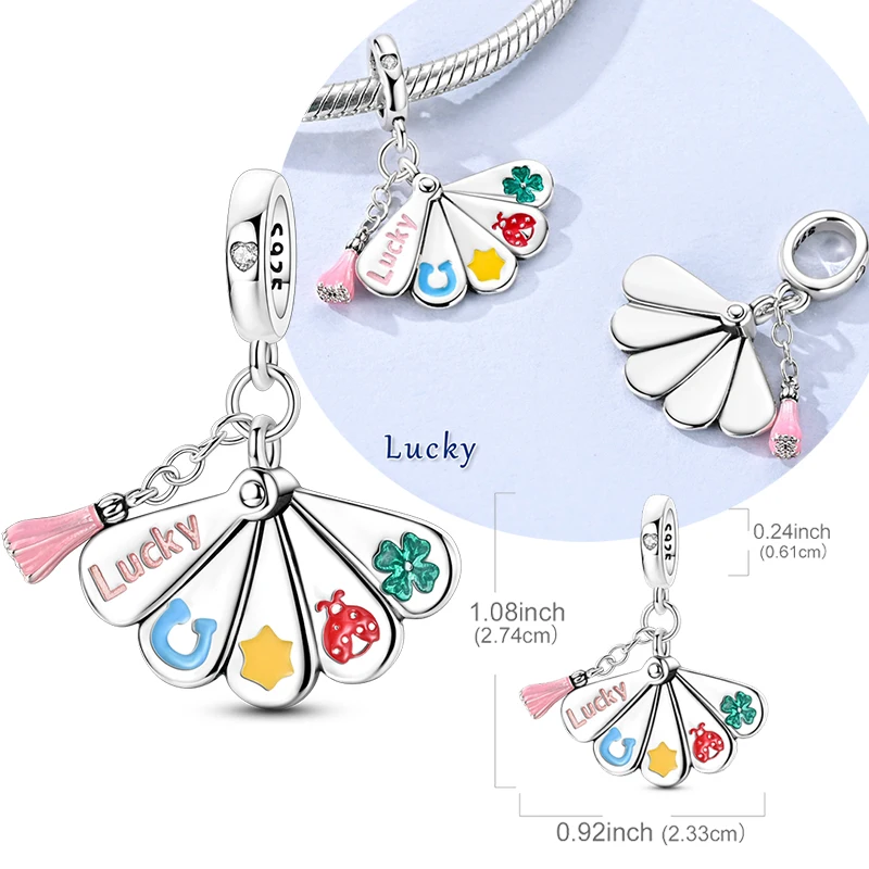 Original 925 Sterling Silver Charms Bead Lucky Fan Pendant Fit Original Bracelet Necklace For Women DIY Jewelry Gift