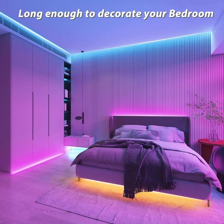 ไฟ LED สําหรับห้องนอน 100ft 1 ม้วน 100ft ซิงค์เพลงเปลี่ยนสีไฟ LED Strip พร้อมรีโมท 60 คีย์และการควบคุมแอพ RGB