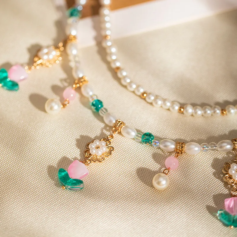 Double Layered Chinese Style Tulip Faux Pearl Necklace Hanfu Tang Song Inspired Collarbone Chain Elegant Spring Summer Jewelry