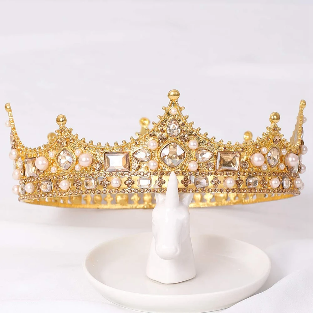 AEF6-King Crown For Men Costume Accessory Prom Tiara Baroque Vintage Crystal Pearl Bridal Wedding Tiaras(Gold)