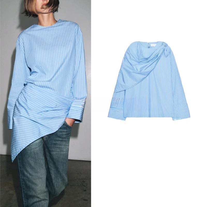 

Autumn New Loose Long Sve Mixed Fiber Scarf Striped irt Women's Casual Sle Comfortable Breathable Polyester irt