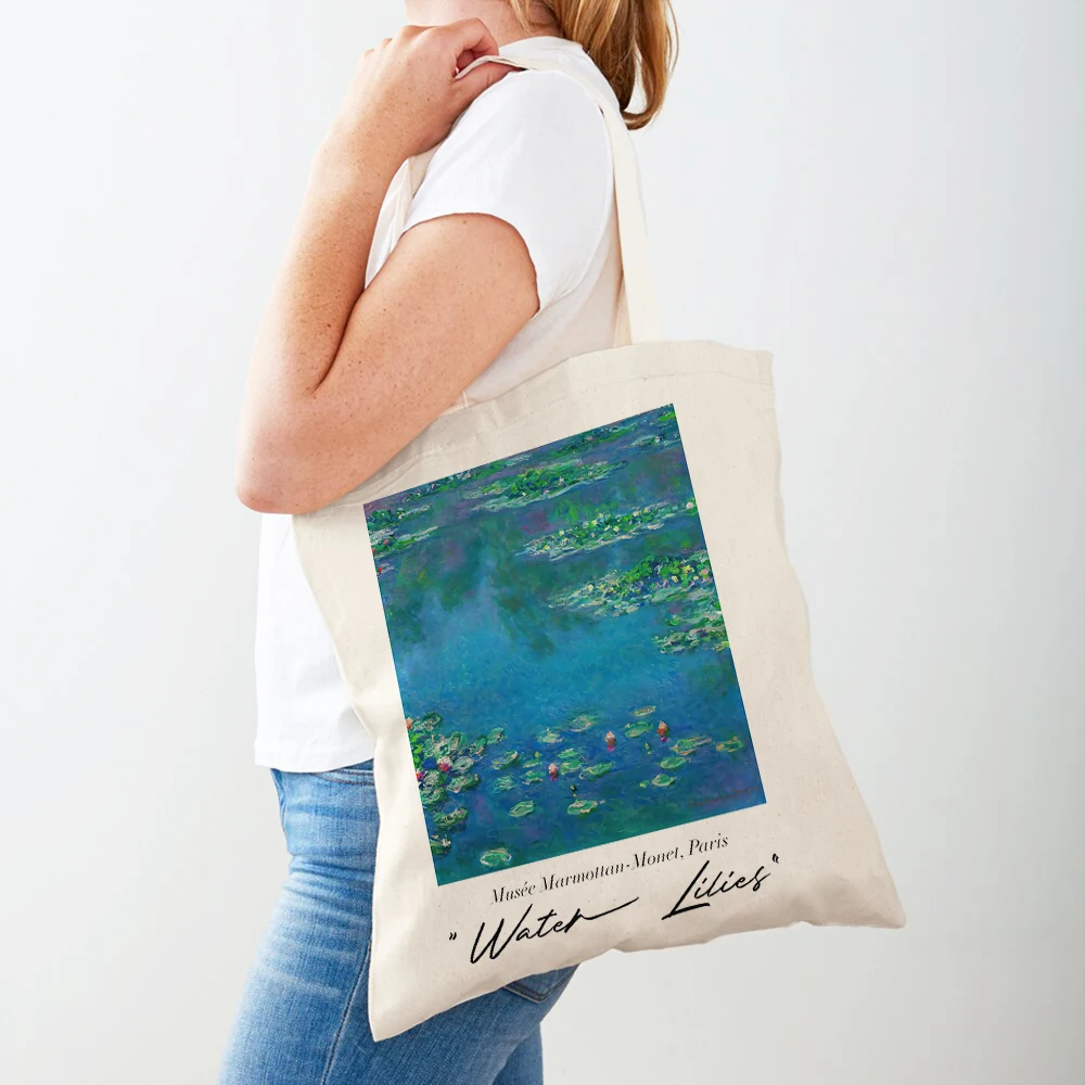 Claude Monet Exhibition Watercolor Travel Tote Lady Handbag Shopper Supermarket Bag Casual Canvas Eco Women Shopping Bags