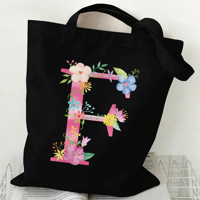 Pink Flower 26 Alphabet Women's Canvas Tote Bags Fashion A-Z Letters Girls Female Shoulder Bag Teen Handbags Shopping Bags