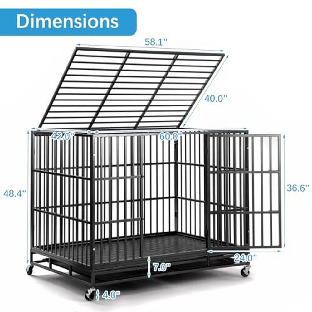 60 inch Heavy Duty Dog Crate Folding Dog Kennel No Assembly Escape Proof Large Dog Cage Kennel with Lockable Wheels