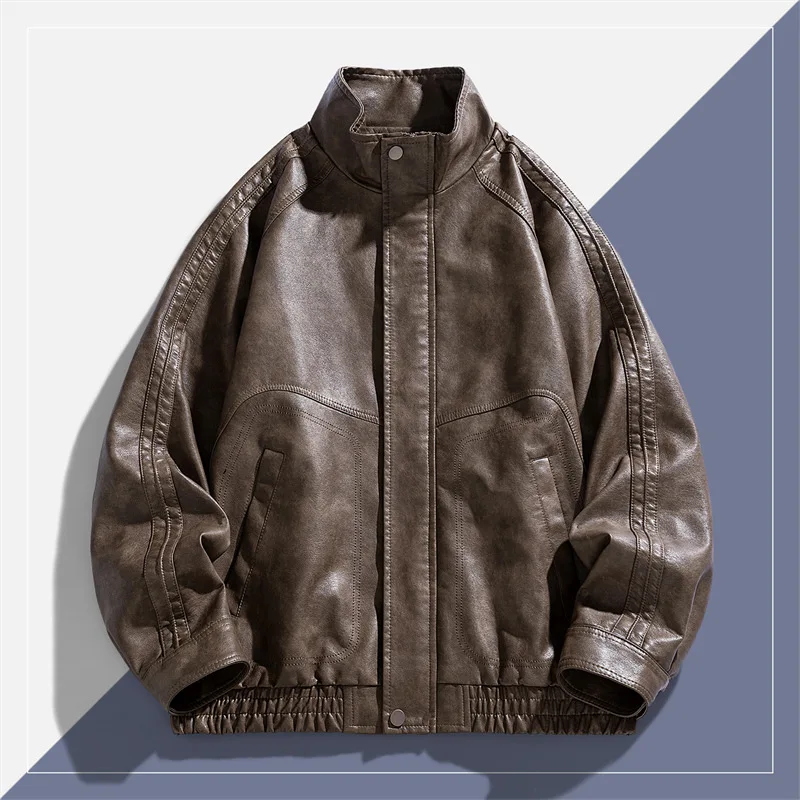 Versatile Stand-Up Collar Leather Jacket Retro Trendy Soft Crisp Durable Spring Autumn 2025 Collection Fashionable