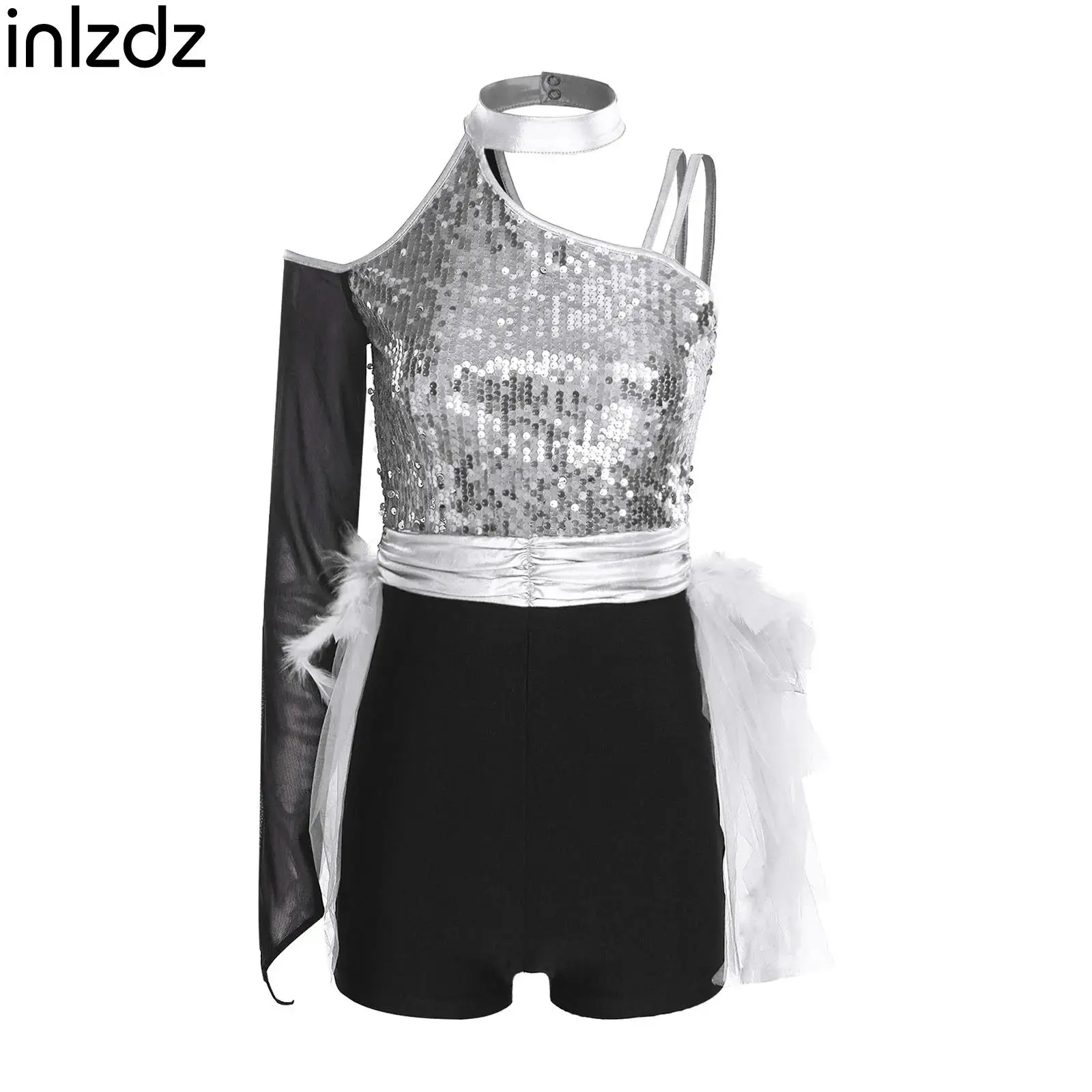 Spanischer Tanz-Body für Damen, One-Shoulder-Langarm-Strampler mit Pailletten und Federn, Overall für lateinamerikanischen Tanz, Chacha, Samba-Auftritt