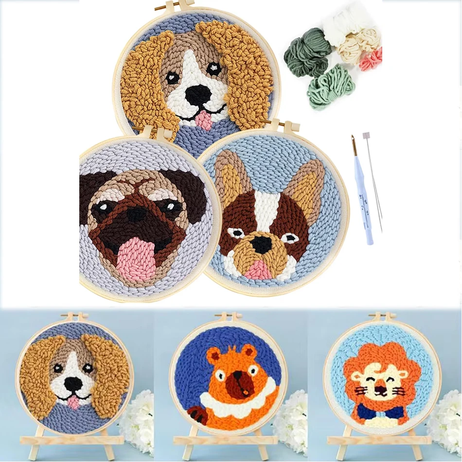 

Animal Punch Needle Embroidery Set for Beginners Lovely Dog Punch Needle Poke DIY Needlework Wool Sewing Kit Home Decor