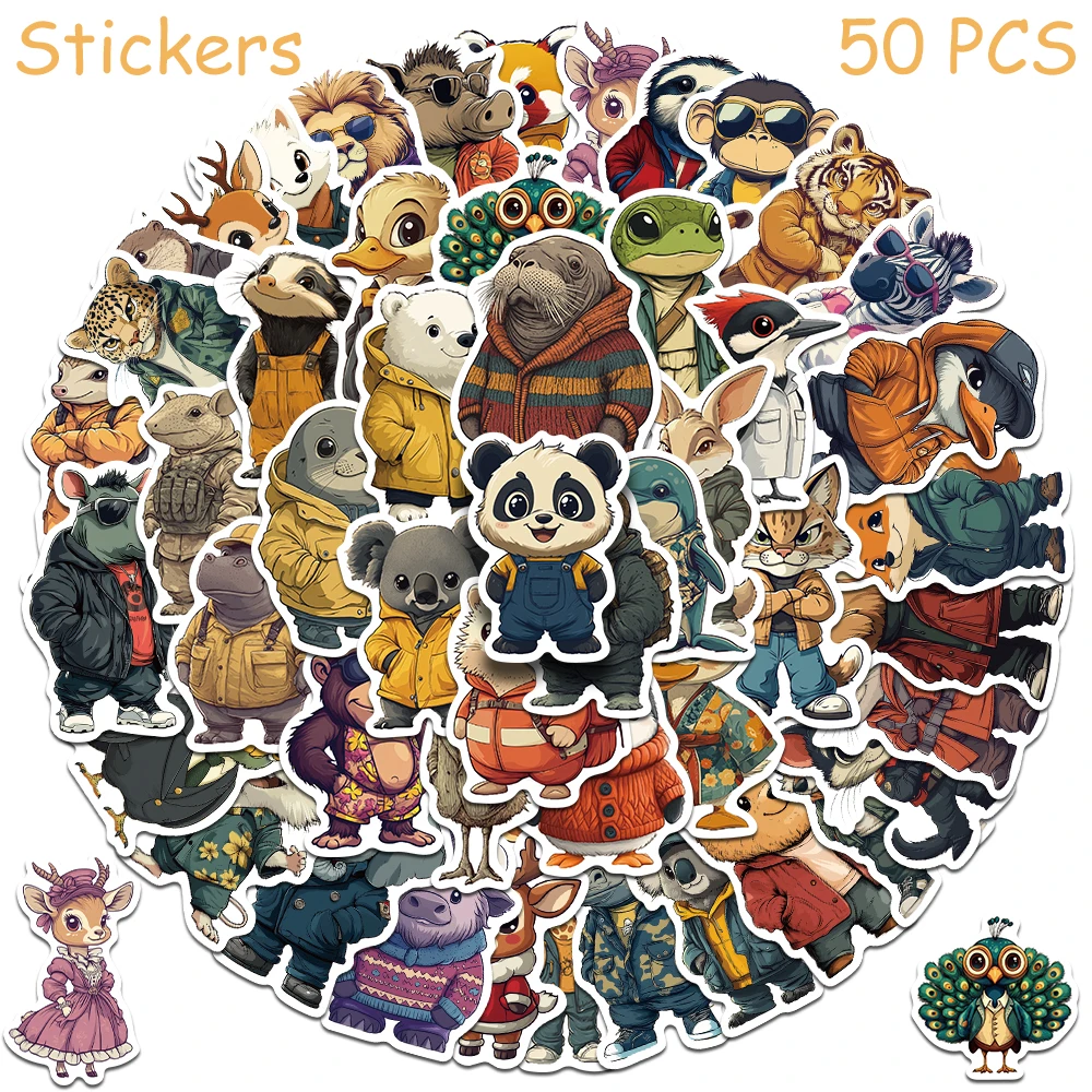 50pcs Animals With Retro Clothes Stickers Decals For Phone Laptop Skateboard Suitcase Guitar Cartoon Graffiti Aesthetic Stickers