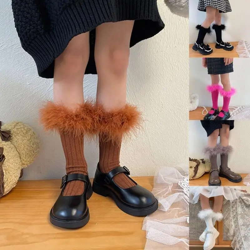 63HE Fashionable Solid Socks Middle Calf Socks Children's Lace Trimmed Knee High Pile Socks Y2k Harajuku Stackable Socks