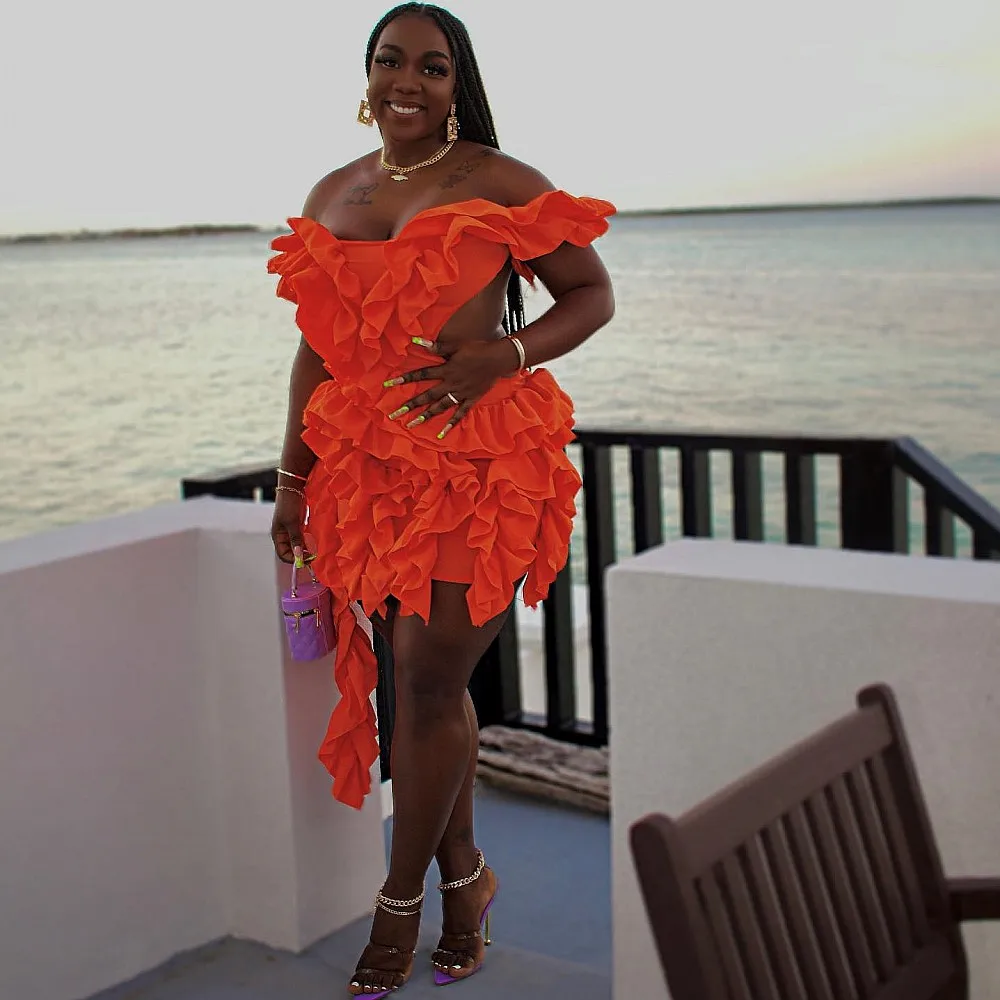 Dark orange Plus Size Cocktail Dresses Off The Shoulder Ruffles Holiday Women Formal Wear  Christmas New Year Gowns