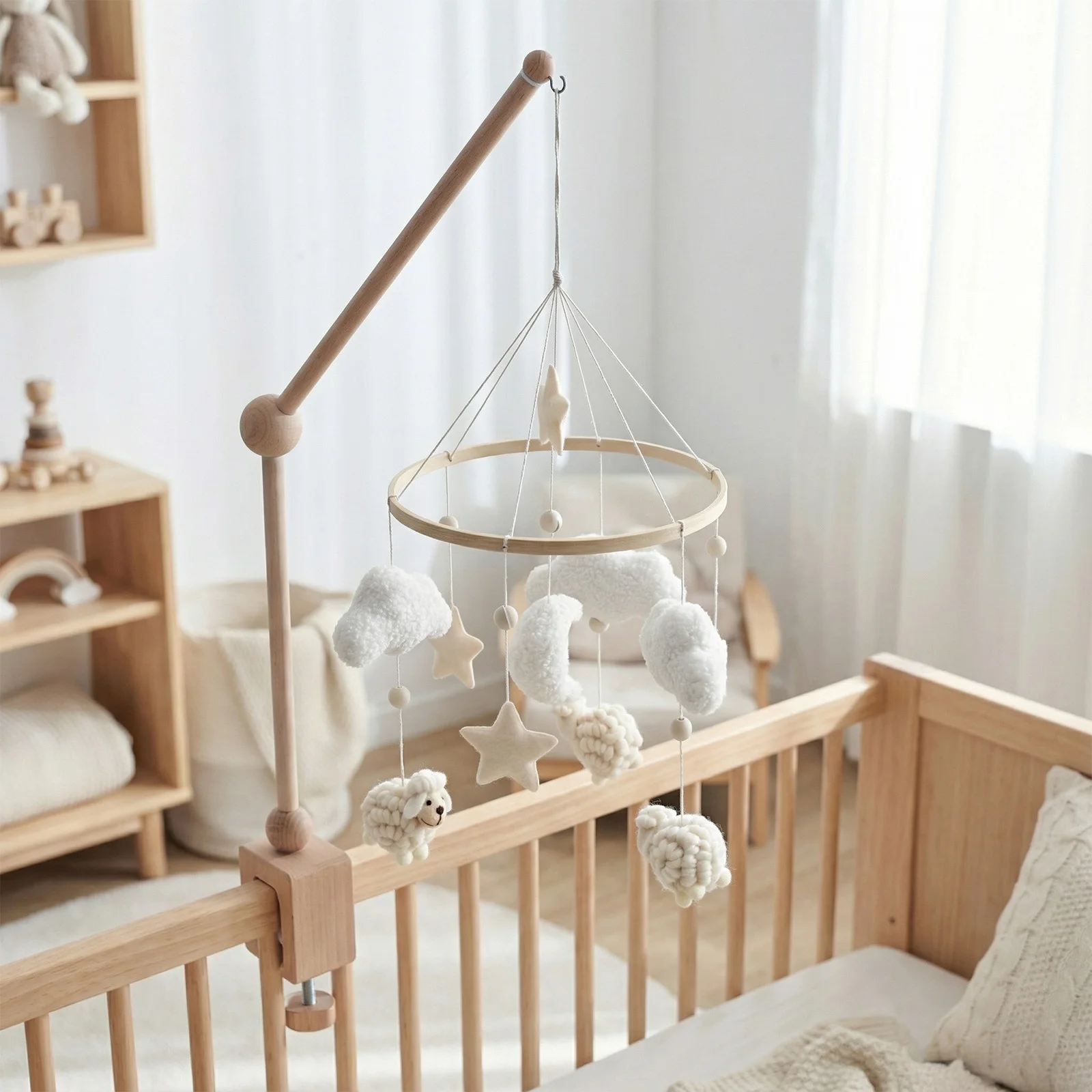 Wooden Baby Mobile Arch Holder with Crochet Hanging Rattles, Upgraded, for Newborns 0-12M, Baby Shower Gift