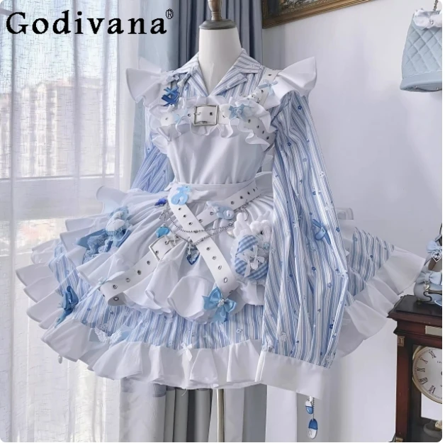 

Women's Japanese Harajuku Mine Dess Water Color Lolita Long Sleeve Dress Womens Shirt Skirt Apron 3 Piece Sets Spring and Autumn