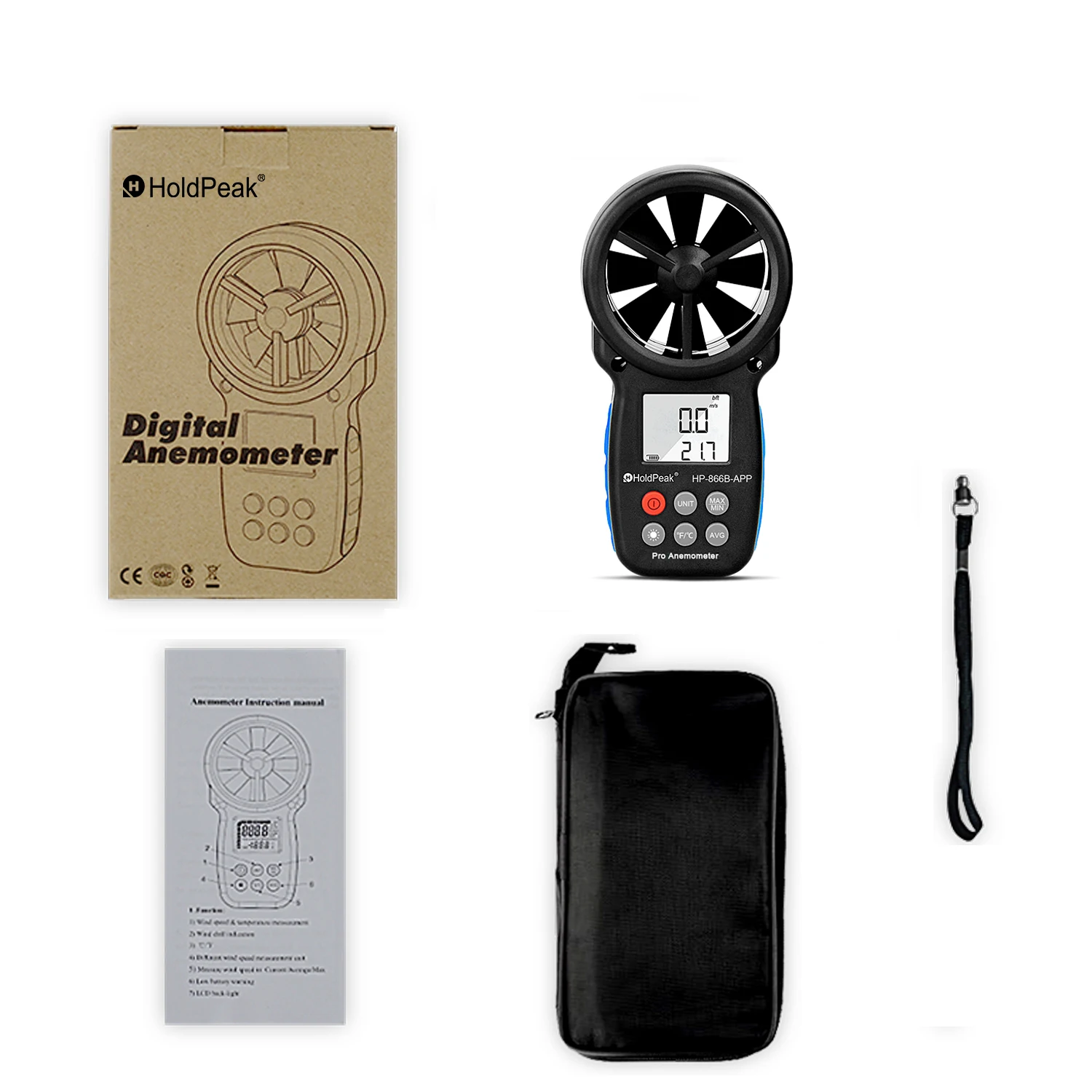 0,3 ~ 30 m/s Digitales Anemometer mit mobiler APP Windgeschwindigkeitsmessgerät Messen Sie Temperaturtester-Werkzeuge, HoldPeak HP-866B-APP