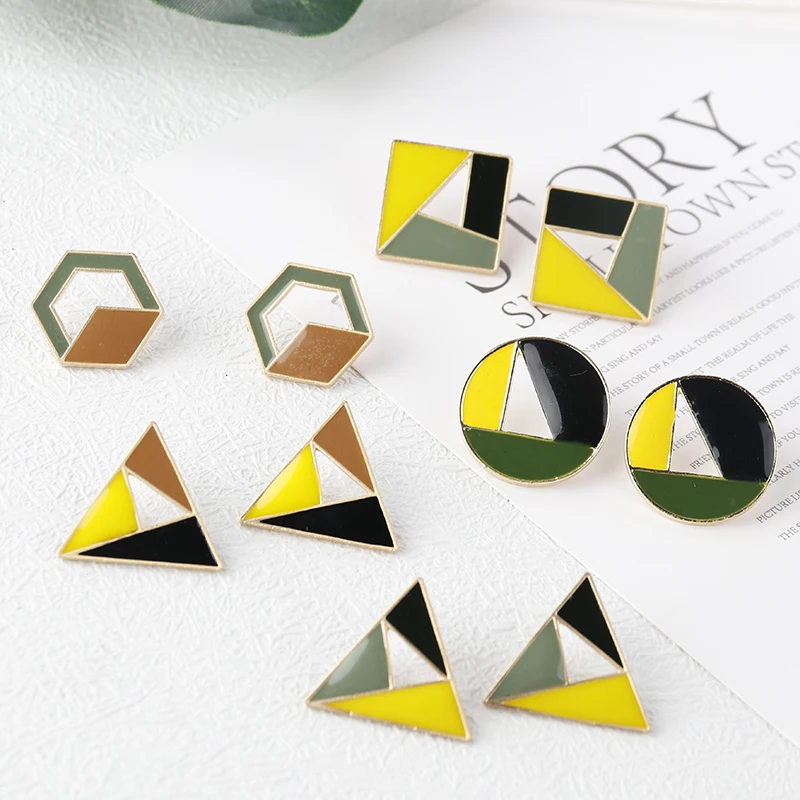 AENSOA Vintage Tricolor Enamel Hollow Triangle Stud Earrings for Women Geometric Small Earrings Statement Geometry Party Jewelry