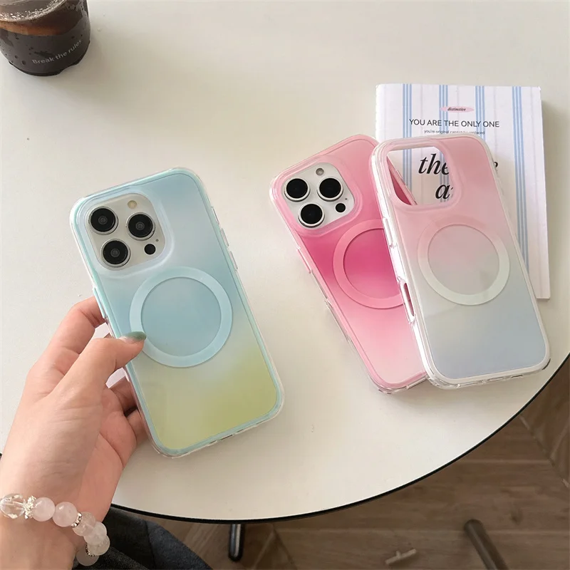 

Gradient Color Cute Magnetic Phone Case For iPhone 16 Pro 15 14 13 Pro Max Back Cover for Magsafe 2 in 1 Shockproof Border Cases