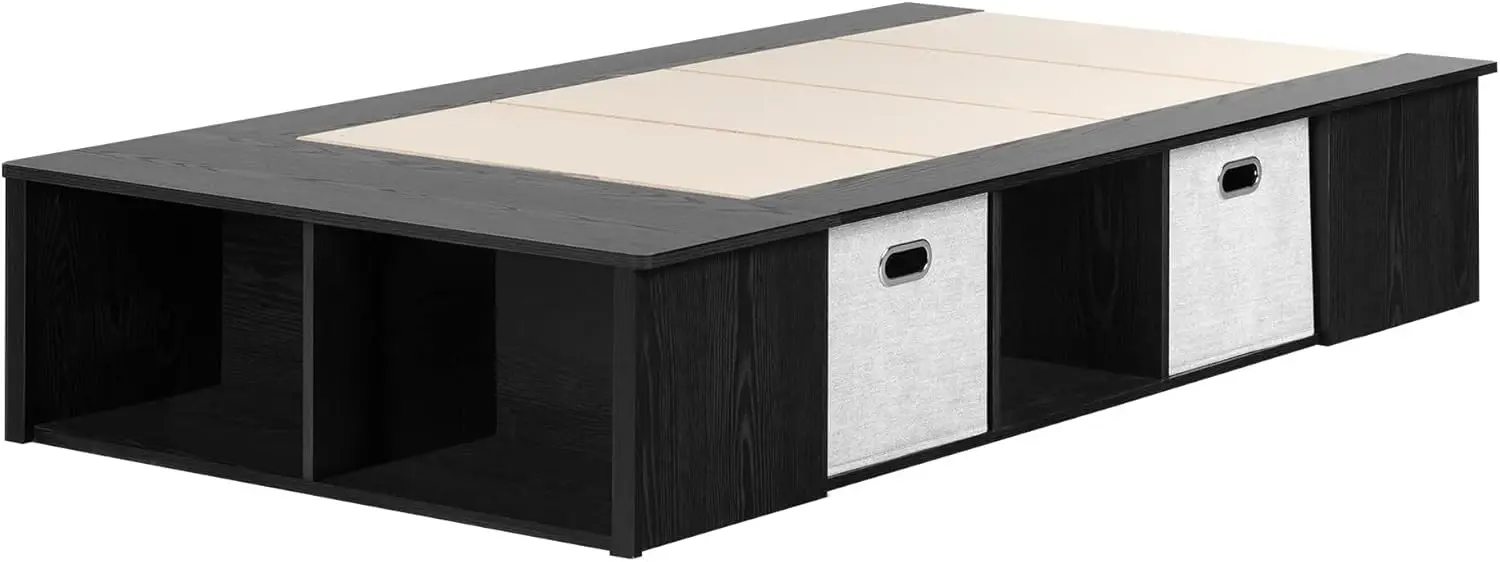 Shore Flexible Bed with Baskets, Contemporary Platform, Twin, Black Oak and Taupe