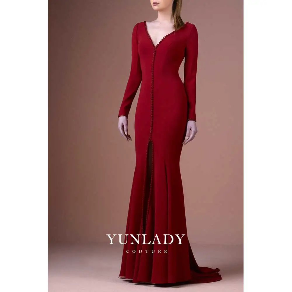 YUNLAN Sexy Wine Red Women\'s V -neck And Ground Fishtail Skirt Elegant Tail 2024 New Model Muslim Important Dance Evening Dress