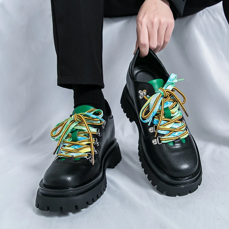 

New Men Fashionable Loafers Men Black Thick Soled High Rise Leather Shoes Men Lace Up Business Brand Shoes Size 38-45