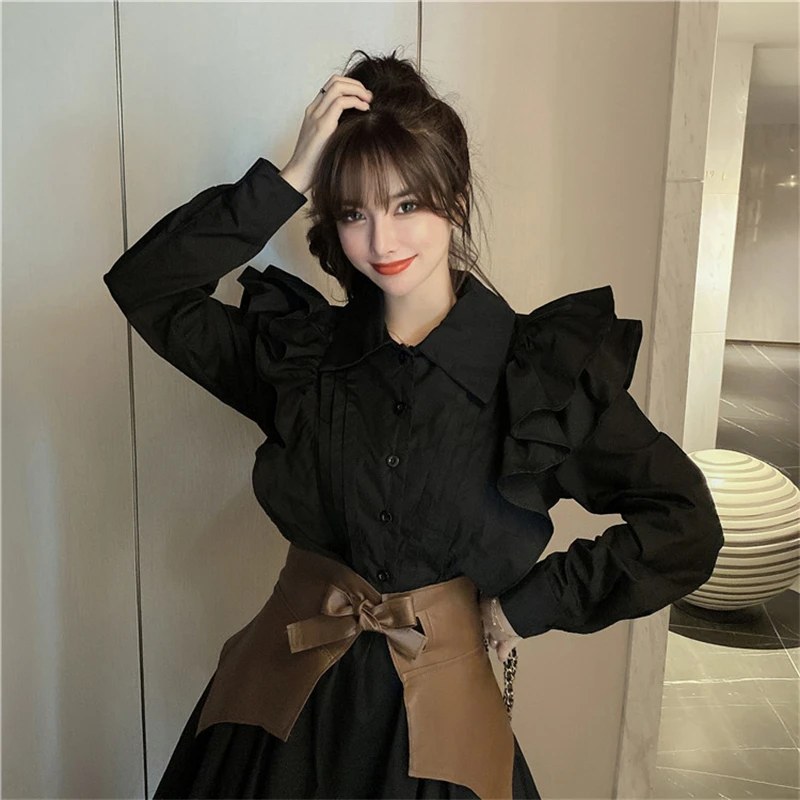 French Vintage Ruffled Folds Long Sleeve Short Shirt Dress Female with Leather Girdle 2pcs Set Loose Fashion Women Clothing