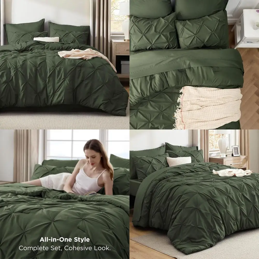 

Olive Green Oversized Queen Comforter Set - 7-Piece Bedding Ensemble with Pinch Pleat Comforter, Sheets, Pillowcases, and Shams