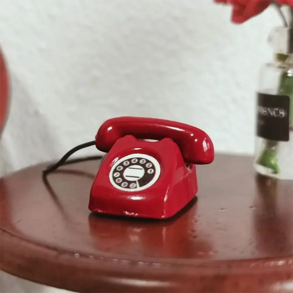 Retro Mini Fixed Telephone 1:12 Dollhouse Miniature Simulation Mini Phone Model Home Furniture Decor Children Pretend Play Toy