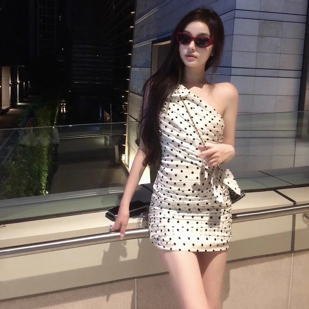 

Summer Dress Women 2025 Sexy Party Mini Vestido Vintage Polka Dot White Backless Dresses Lady One Shoulder Bow Sweet Sleeveless