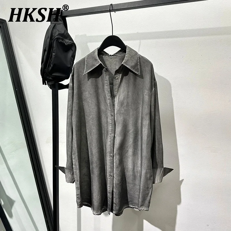 HKSH Autumn New Men's Tide Y2K Washed Vintage Loose Drape Shirt Trendy Punk Fashionable Temperament Retro Gray Tops Women HK2908