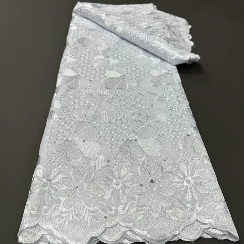 2024 NEW 5 Yards Nigerian 100% Cotton Fabric Satin Embroidery Fabric High Quality Swiss Voile Lace Material Men Dubai Style