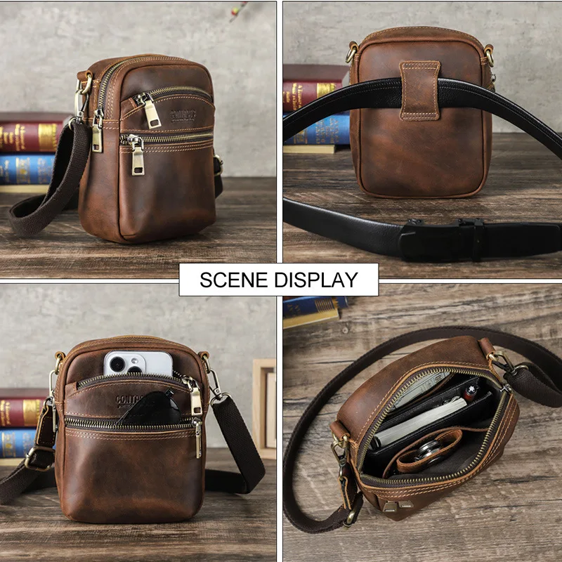 New Fashionable British Style Crazy Horse Crossbody Waist Single Shoulder Fashion Trend Leather Men's Bag Large Capacity Handbag