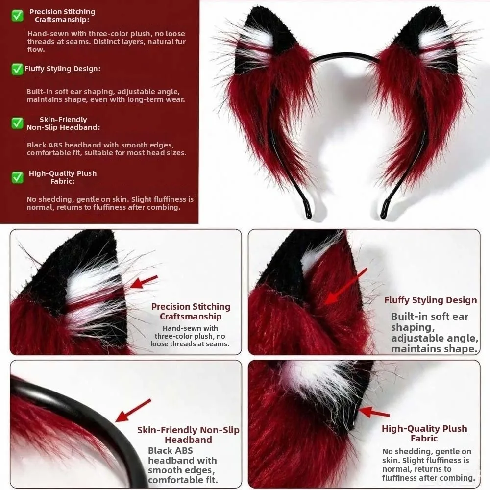 Lightweight Wolf Ears Headband Red Black Fluffy Texture Faux Fur Headwear High Simulation Anti Slip Halloween Hair Hoop