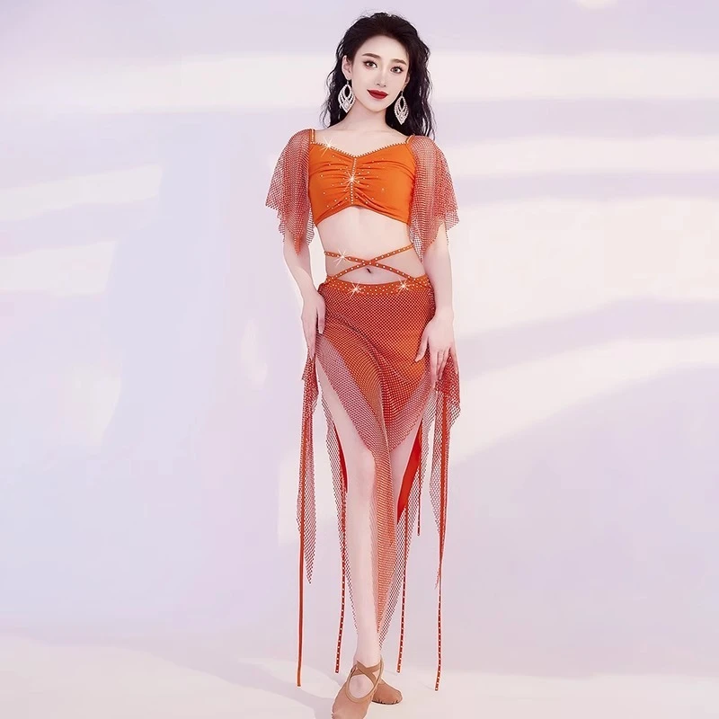 Trajes de dança do ventre personalizados brilhando conjunto de vestido de performance de dança oriental vestido de prática top de malha e saia