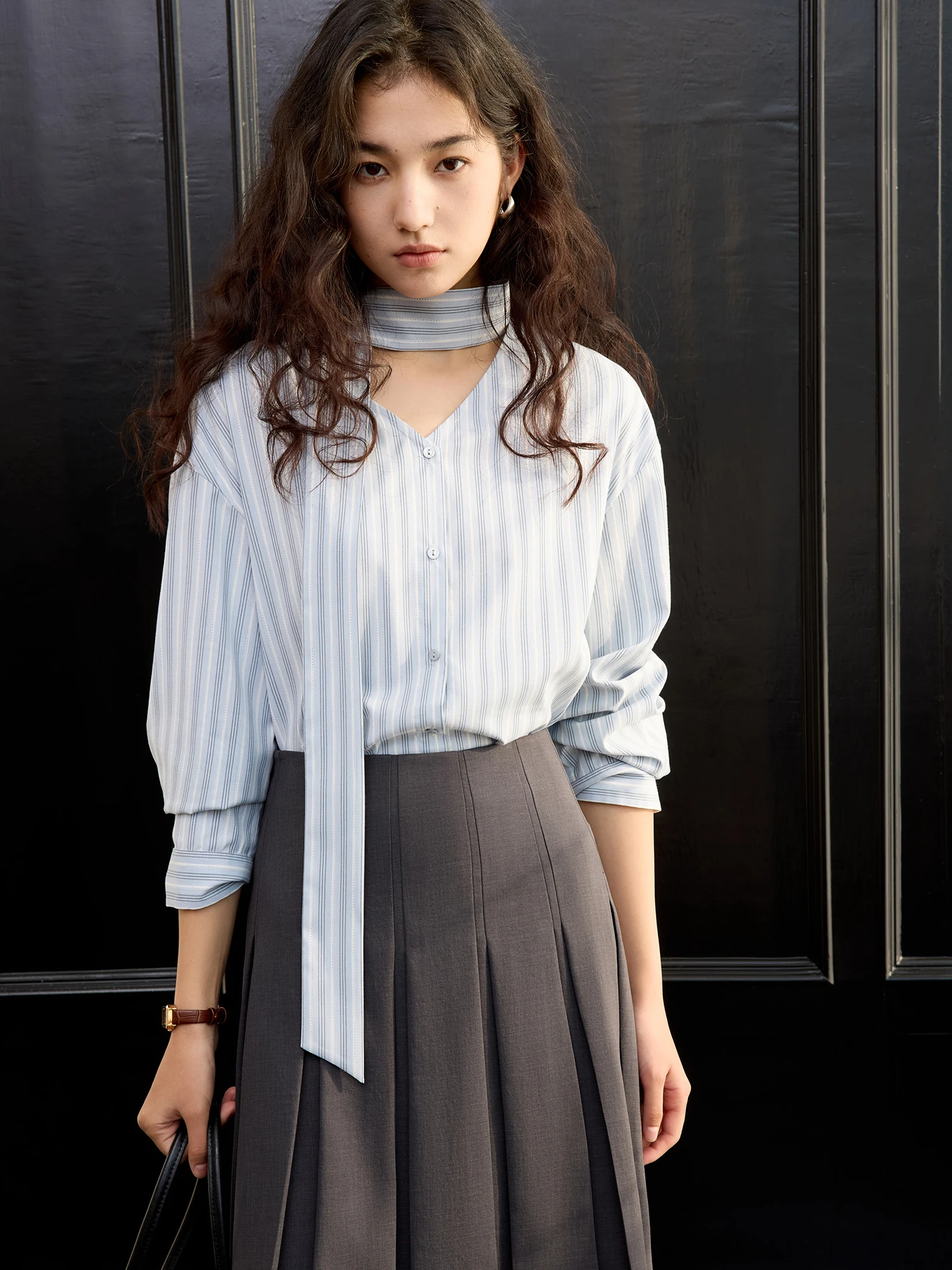 ZIQIAO【2 Version】Women Stripe Casual Blouses 2025 Spring Polo Neck Blue Stripe Long Sleeve Shirt Tops 25ZQ91179+25ZQ91190