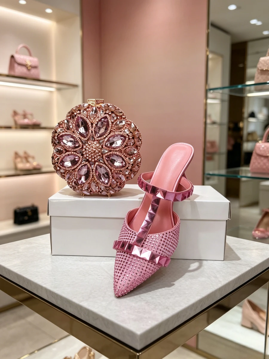 Conjunto de Zapatos de Tacón Tipo Mule con Tira en T y Cristales Tallados en Rosa Pálido 2026, con Bolso de Mano a Juego con Diseño Floral de Ocho Pétalos, Zapatos de Pasarela de Moda