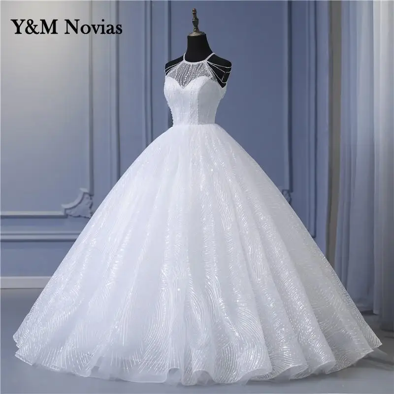 Y & m Novias Real Photo koronka w stylu Vintage suknie ślubne z koralikami Halter Neck suknia ślubna Sexy tanie suknie ślubne Sweetheart Princess