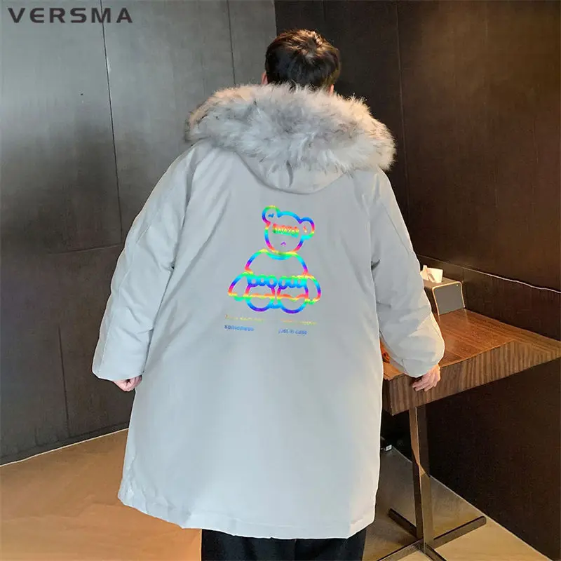 VERSMA-Chaqueta con estampado reflectante para hombre, abrigo coreano Harajuku de plumón de pato, Parka larga de gran tamaño con cuello de piel para