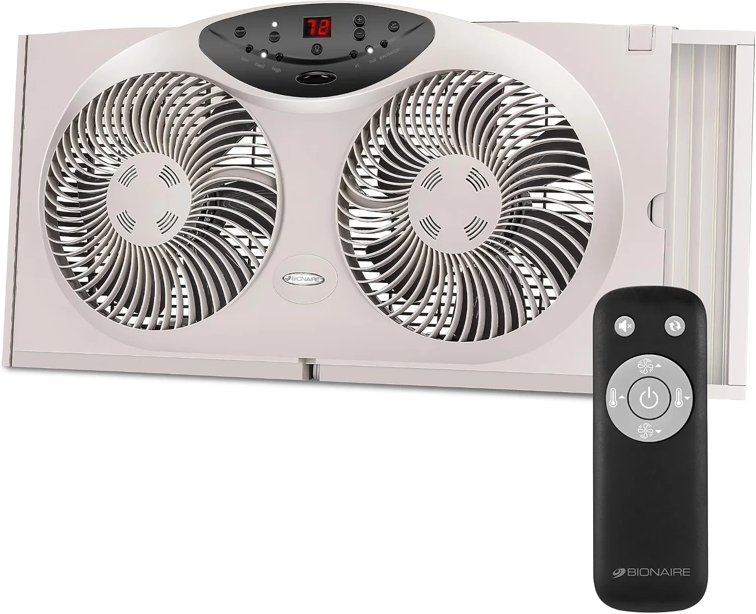 Bionaire Window Fan with Reversible Airflow Blades–3-Speed ​​Settings Programmable Thermostat LED Display Fits 24–36