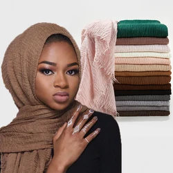 Moslim Vrouwen Kreuk Hijab Sjaal Zachte Effen Kleur Hoofd Sjaals Vlakte Katoen Tulband Sjaals En Wraps 2022 Hijab Femme Musulman