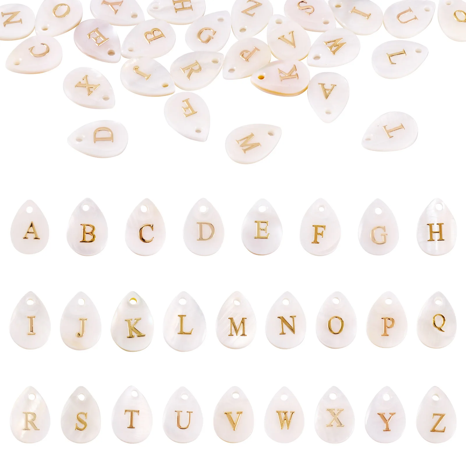 26Pcs Natural Shell Teardrop Charms with Golden Tone Metal Letter Slices Seashell Color Letter A~Z for DIY Jewelry Necklace