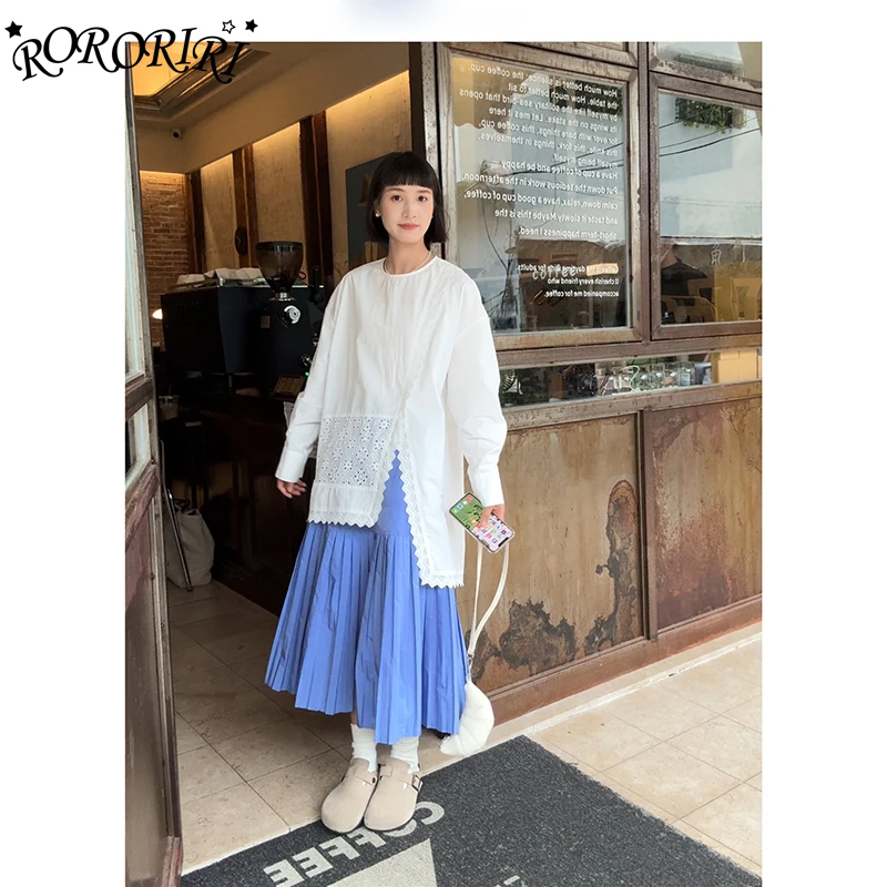 

RORORIRI French Style Blue Spliced Pleated Midi Skirt Early Autumn Long Large Swing Umbrella Skirt Pencil Mermaid Skirt Women