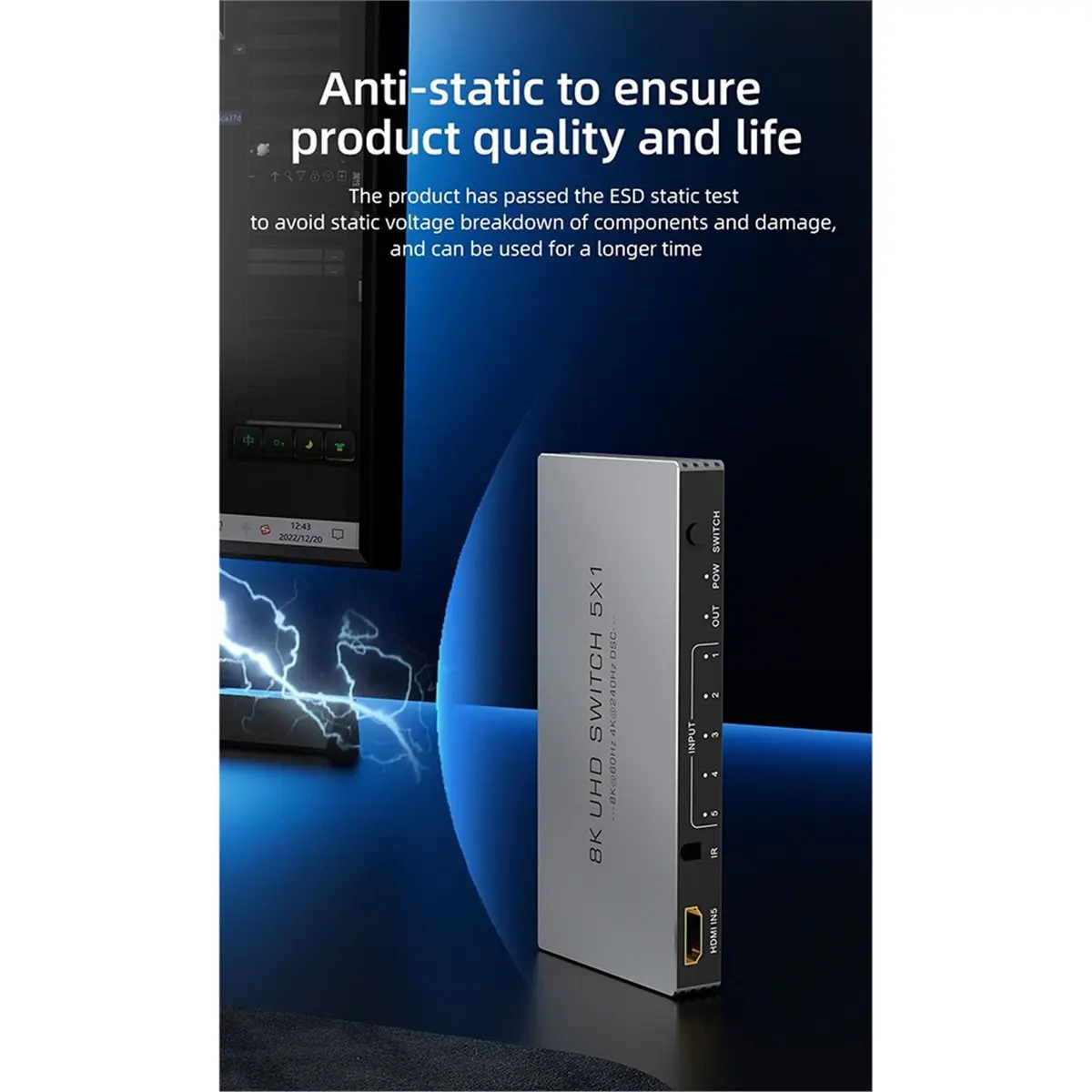 4K 240Hz 5 in 1 Out - 8K@60Hz -Compatible Splitter with Remote, HDR10+, -Compatible 2.1, 3D, CEC, HDR, HDCP 2.3