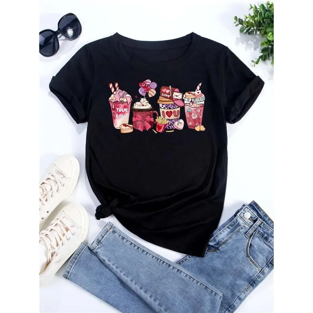

Women's T-shirt Korean Fashion Coffee Cup Printed Pattern Women's T-shirt Valentine's Day T-shirt Couple Tops Women's Clothing