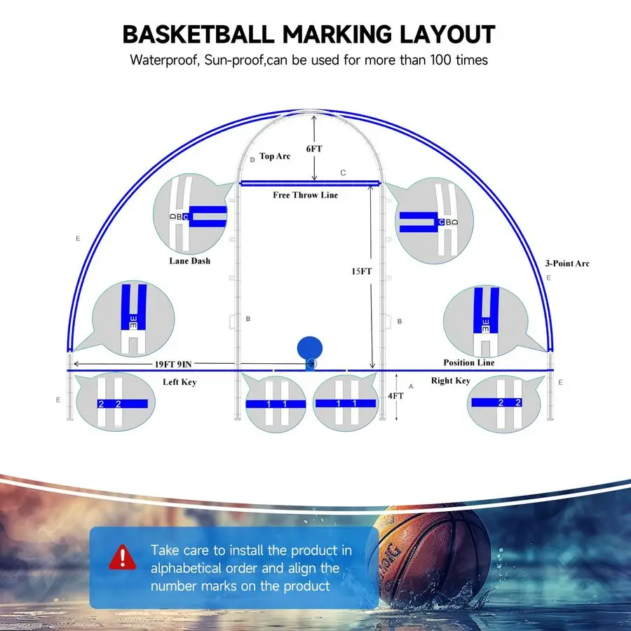 Basketball Court Marking Kit, Basketball Court Stencil Kit for Concrete, NOT Paper Board, SunResistant, Upgrade PC Material with