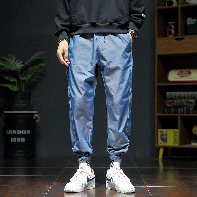 

Fall 2024 fashionable casual pants men's chameleon reflective stripe print elastic tight leg individual casual pants men