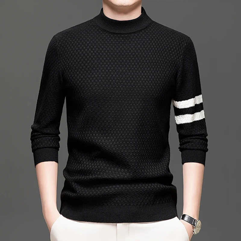 

2025 Новый мужской свитер с круглым вырезом, вязаный свитер, простой модный универсальный полосатый базовый свитер, теплый мужской свитер