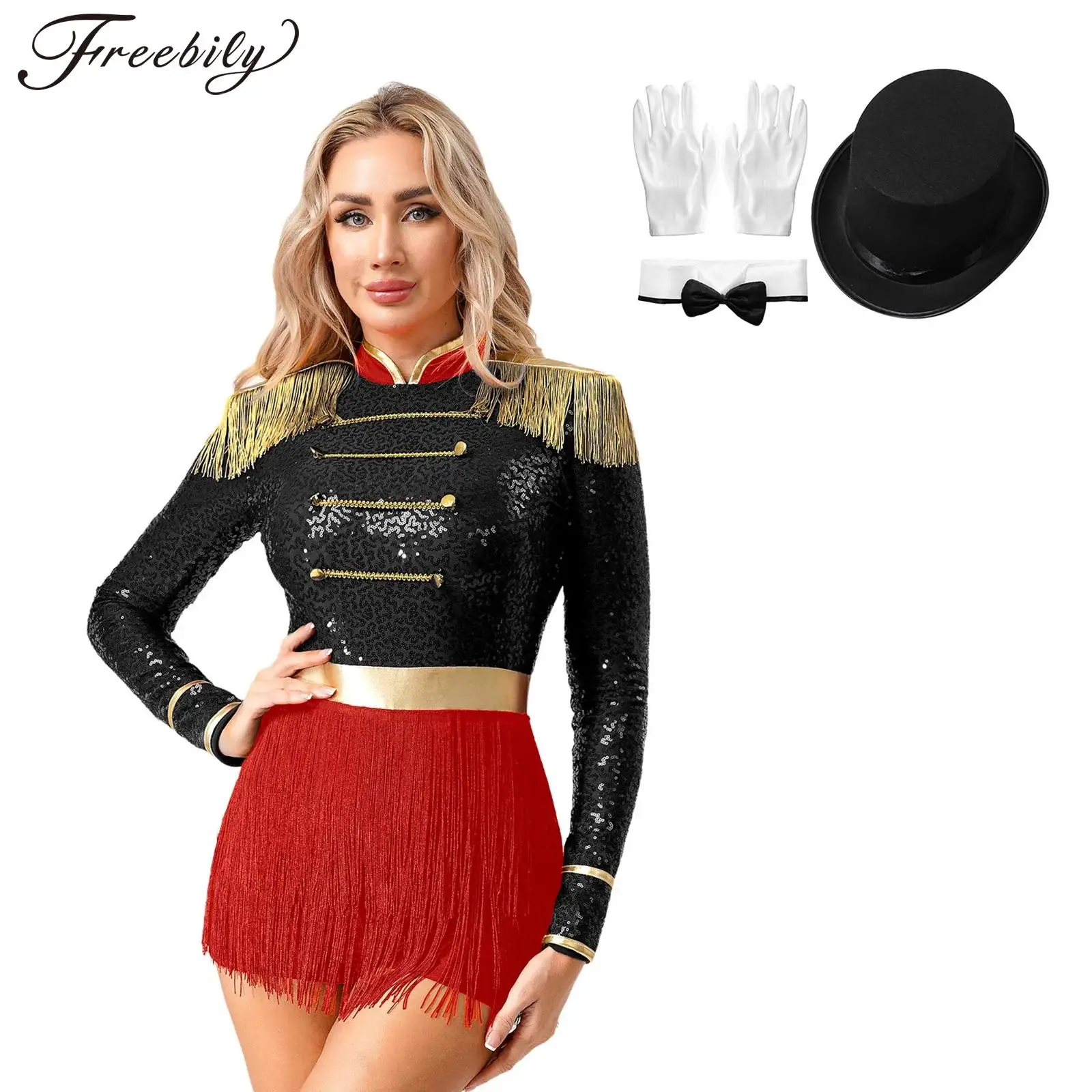 

Женский карнавальный костюм для костюмированной вечеринки в стиле циркового директора или фокусника: боди с длинными рукавами, пайетками и бахромой, с шляпой, галстуком-бабочкой и перчатками