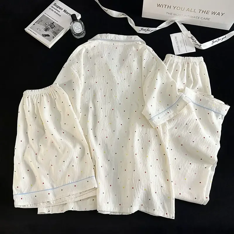 Polka Dot Elegant Women 3PCS Pajama Set Sleepwear Pajama Set Top and Pant with Shorts 3 Piece Set Home Suit Sweet Outfits Y2K image 5